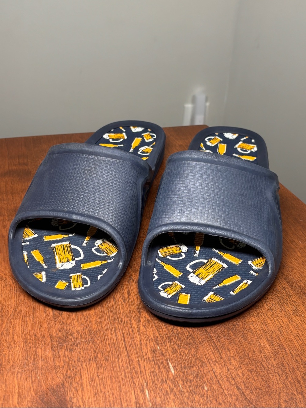 Men's Navy Slide Sandals with Beer Print Footbed